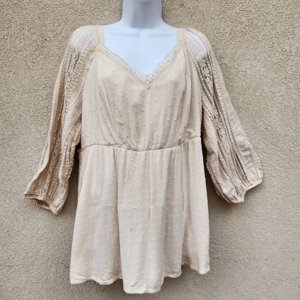 Torrid Tunic Women's 2X Beige Smocking Lace Peasant Rayon